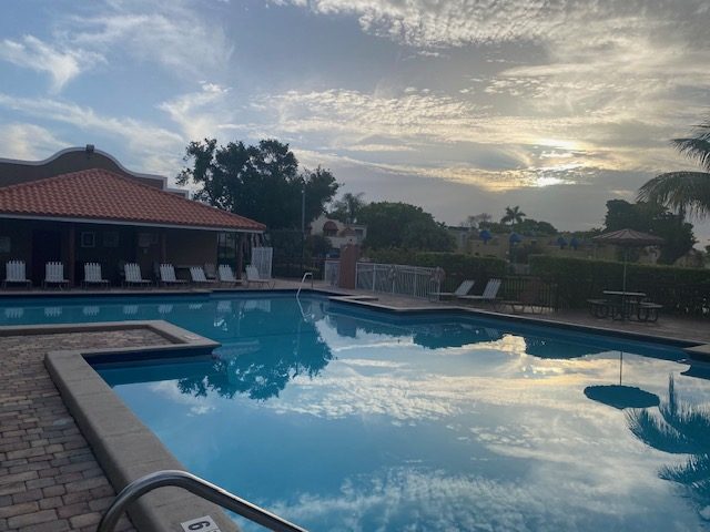 A community pool at dusk
